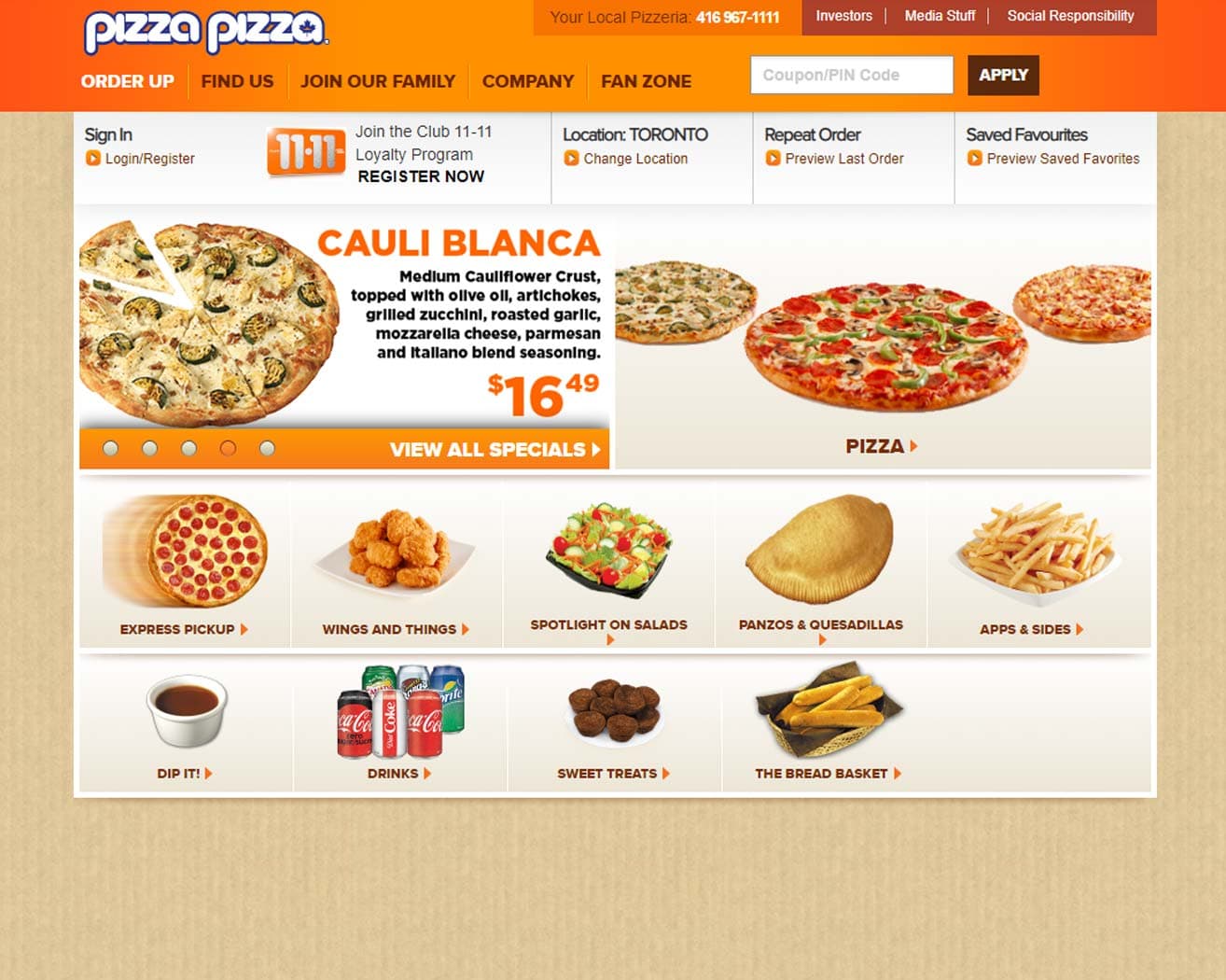 Screenshot showing the Pizza Pizza website.